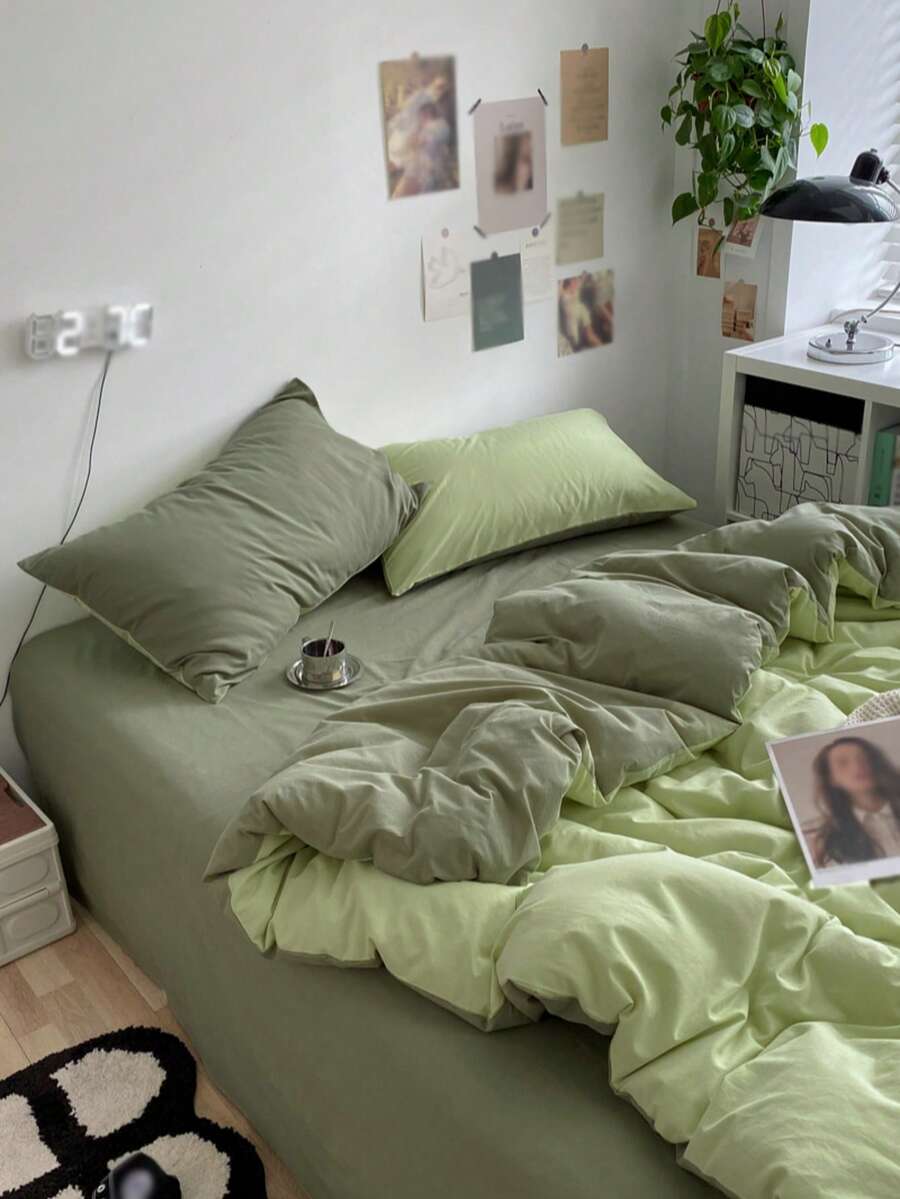 Bộ 3 món ga trải giường bằng cotton mềm mại, phối màu xanh dương và trắng. - Màu xanh Ô liu - Xem 1