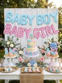 1 Set de decoraciones para baby shower que incluye pancarta de globos de papel de aluminio, corona floral de fondo, perfecta para fiesta infantil, anuncio de embarazo dulce y elegante, regalo para nuevos padres y madres embarazadas, decoración de pared metálica brillante en rosa y azul, decoraciones para celebración de recién nacido y revelación de género - Multicolor - Ver 6