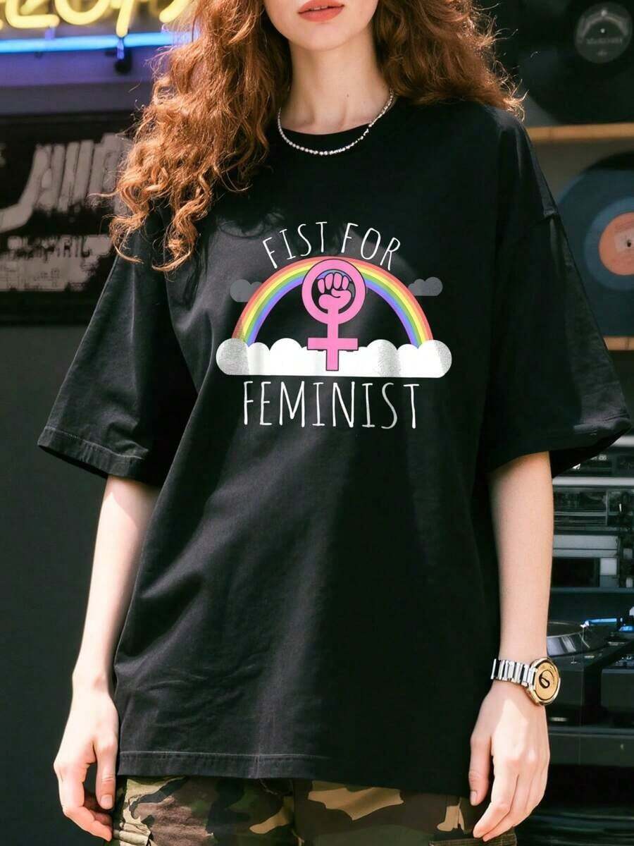 Graphic Print Women's Lightweight Cotton Summer T-Shirt First For Girl Power Women Empowerment Inspiring Oversize T-Shirt 100% Pure Cotton - 黑色 - 查看 1
