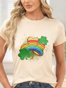 Gift Black Short Sleeve T-Shirt With Rainbow, Shamrock And St. Patrick's Treasure Print - Ideal For St. Patrick's Day Parties And Casual Occasions. Suitable For Everyday, Casual Situations And Versatile To Combine. Soft - 杏 - 查看 7