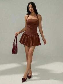 Vestido informal corto de unicolor con cuello de lazo y espalda descubierta para mujer - Marrón - Ver 4