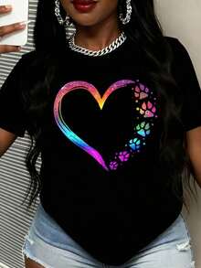 Camiseta de Verano Casual para Mujer con Diseño de Corazón Arcoíris y Huella de Pata para Amantes de Animales, Regalo para Amantes de Mascotas - Negro - Ver 1
