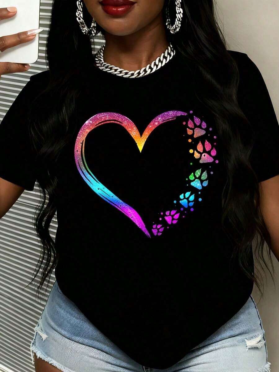 Camiseta de Verano Casual para Mujer con Diseño de Corazón Arcoíris y Huella de Pata para Amantes de Animales, Regalo para Amantes de Mascotas - Negro - Ver 1