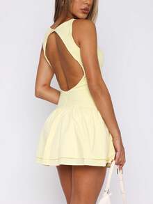 Women Boat Neck Ruffle Hem Layered Mini Dress Solid Slim Fit Sleeveless Backless Tiered A-Line Short Dress - 黃色 - 查看 4