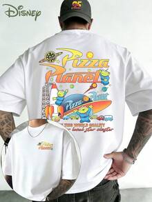 T-shirt à motif Pizza Planet à trois yeux, Disney Toy Story - Impression recto verso, T-shirt d'été à manches courtes pour homme, 100 % coton de haute qualité, confortable, respirant, coupe décontractée, unisexe, idéal pour un voyage à Disneyland, pour les couples, au quotidien, en ville, en vacances, à l'université ou pour les fans de Toy Story. - Blanc - Voir 1