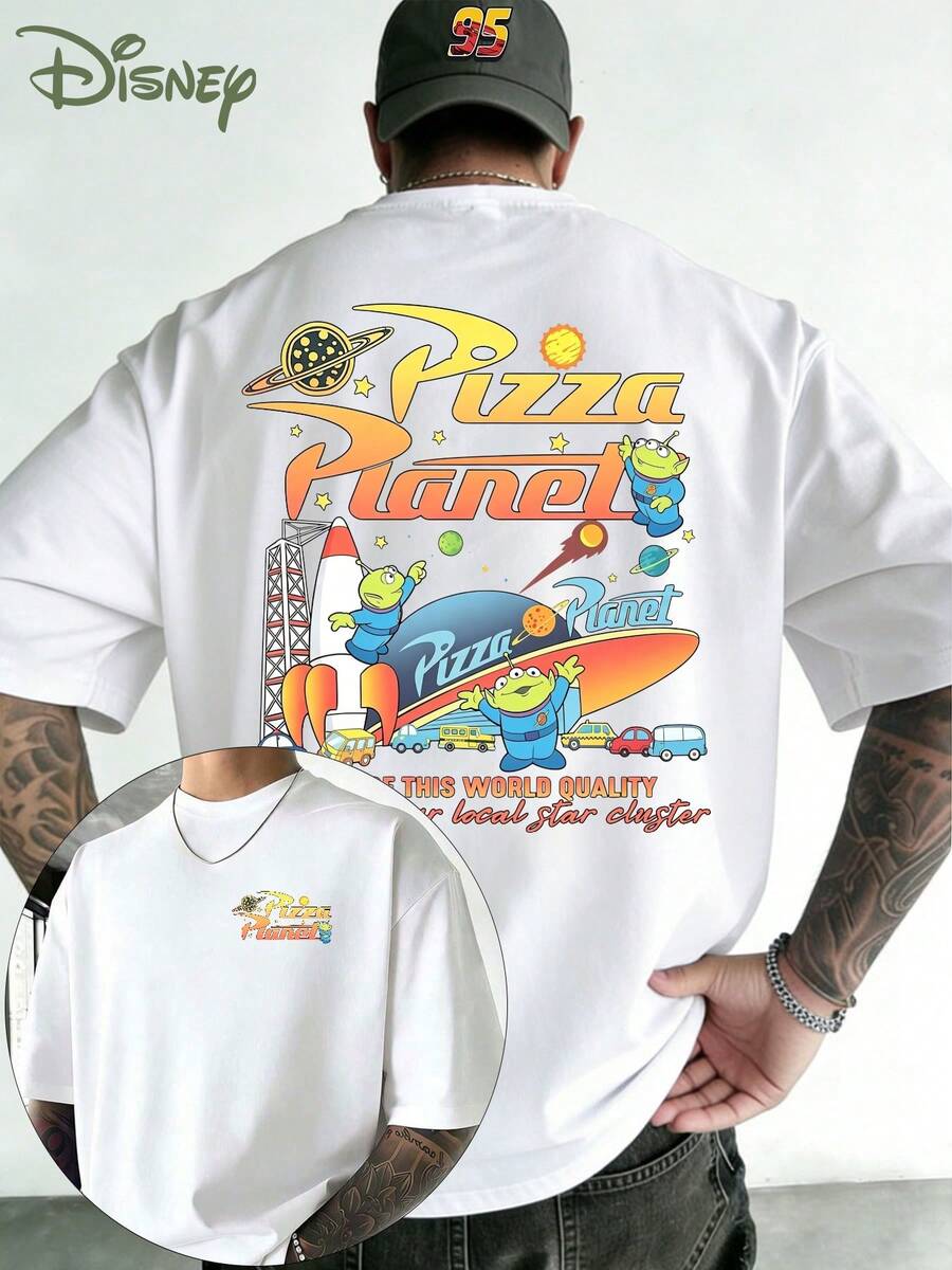 T-shirt à motif Pizza Planet à trois yeux, Disney Toy Story - Impression recto verso, T-shirt d'été à manches courtes pour homme, 100 % coton de haute qualité, confortable, respirant, coupe décontractée, unisexe, idéal pour un voyage à Disneyland, pour les couples, au quotidien, en ville, en vacances, à l'université ou pour les fans de Toy Story. - Blanc - Voir 1