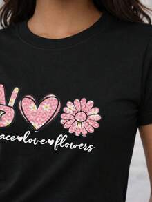Soft 100% Cotton T-Shirt, Casual Women's T-Shirt With Cursive Lettering, Retro, Peace Symbols, Love And Flowers, Leopard Print, Heart, Breathable Cotton T-Shirt, Matches Everything, Cool. - 黑色 - 查看 2