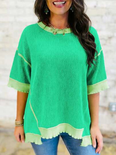 Acelitt Women's Mint Green Loose Asymmetrical Hem Twist Knot Cotton Casual T-Shirt, Summer