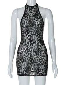 Sensual Halter Dress With Fitted Lace And A Voluminous Effect For Parties - Black - View 7