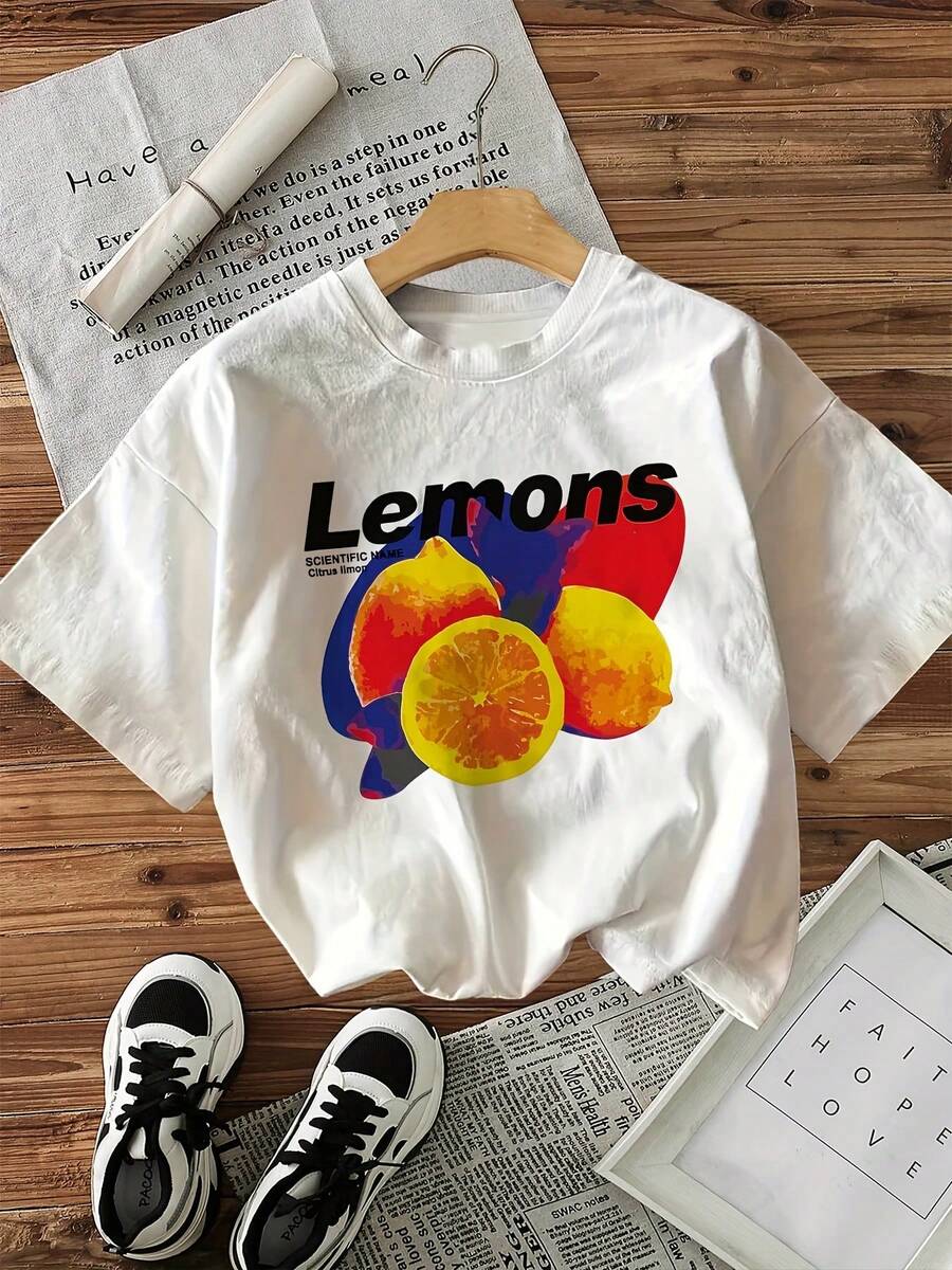 Camiseta con estampado gráfico, manga corta y cuello redondo, top casual para verano y primavera, ropa de mujer - Blanco - Ver 1