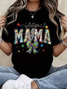 Camiseta " Mama" con diseño de piezas de rompecabezas coloridas y estampado de leopardo para eventos de concientización y maternidad. - Negro - Ver 8