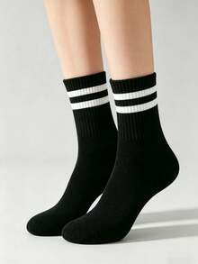 1/5/10 Pares de Meias Listradas Pretas Unissex de Cano Médio, Moda Minimalista Confortável, Adequada para Uso Diário, Combinação de Estilo Escolar, Todas as Estações - Preto - Visão 4