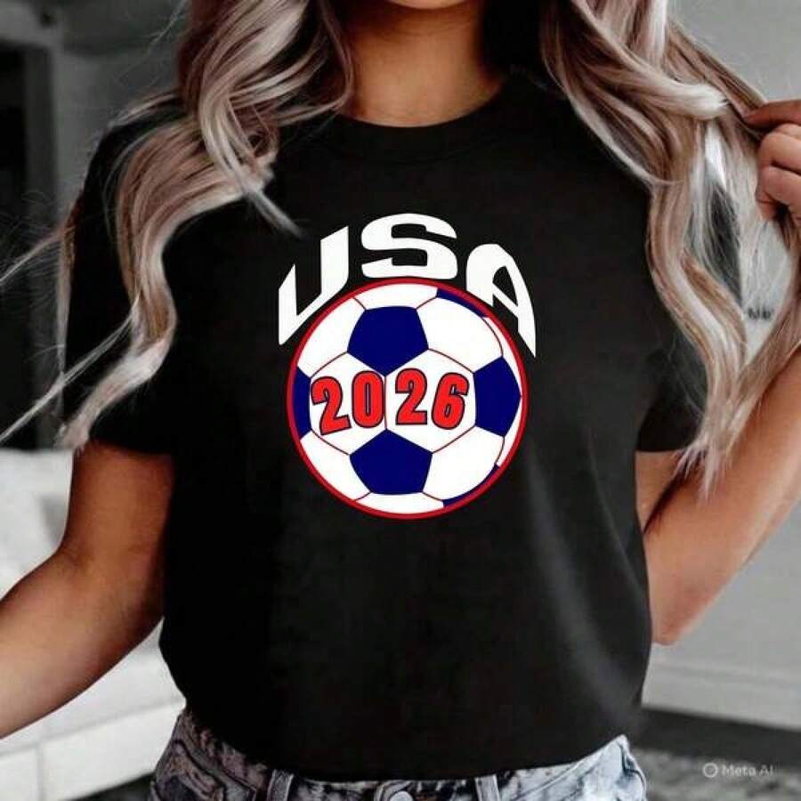 World Cup 26 Jersey - Mexico, USA, Canada - Football Fan Items. 220g Cotton T-Shirt, Loose Fit, Unisex, Maximum Comfort, Suitable For All Types Of People, Whether Women Or Men. Durable, High-Quality Fabric, Suitable For All Sewing Needs, Soft To The Touch, Yet Durable. Breathable Tops For Women. Autumn Outfits For Women, Vacation Outfits, Halloween Costumes For Women - 黑色 - 查看 1
