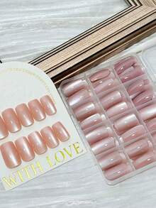 144 Stücke/Box mittlere quadratische Katzenaugen-Aufklebe-Nägel, schimmernd, natürlich nude-rosa Katzenaugen-Kunstnägel, sommerlich tragbare Nageltips für Frauen - Babypink - Übersicht 6