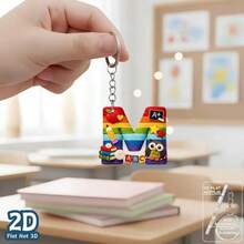 1pc 2D Flat Acrylic Alphabet Keychain, Rainbow Letter Key Ring With School Theme Decor, Personalized Initial Bag Charm, - Multicolor - View 6
