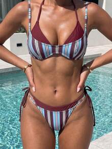 Bộ bikini hai mảnh kẻ sọc buộc cổ dành cho nữ, thích hợp cho kỳ nghỉ hè ở bãi biển. - Sọc tím và xanh dương - Xem 3