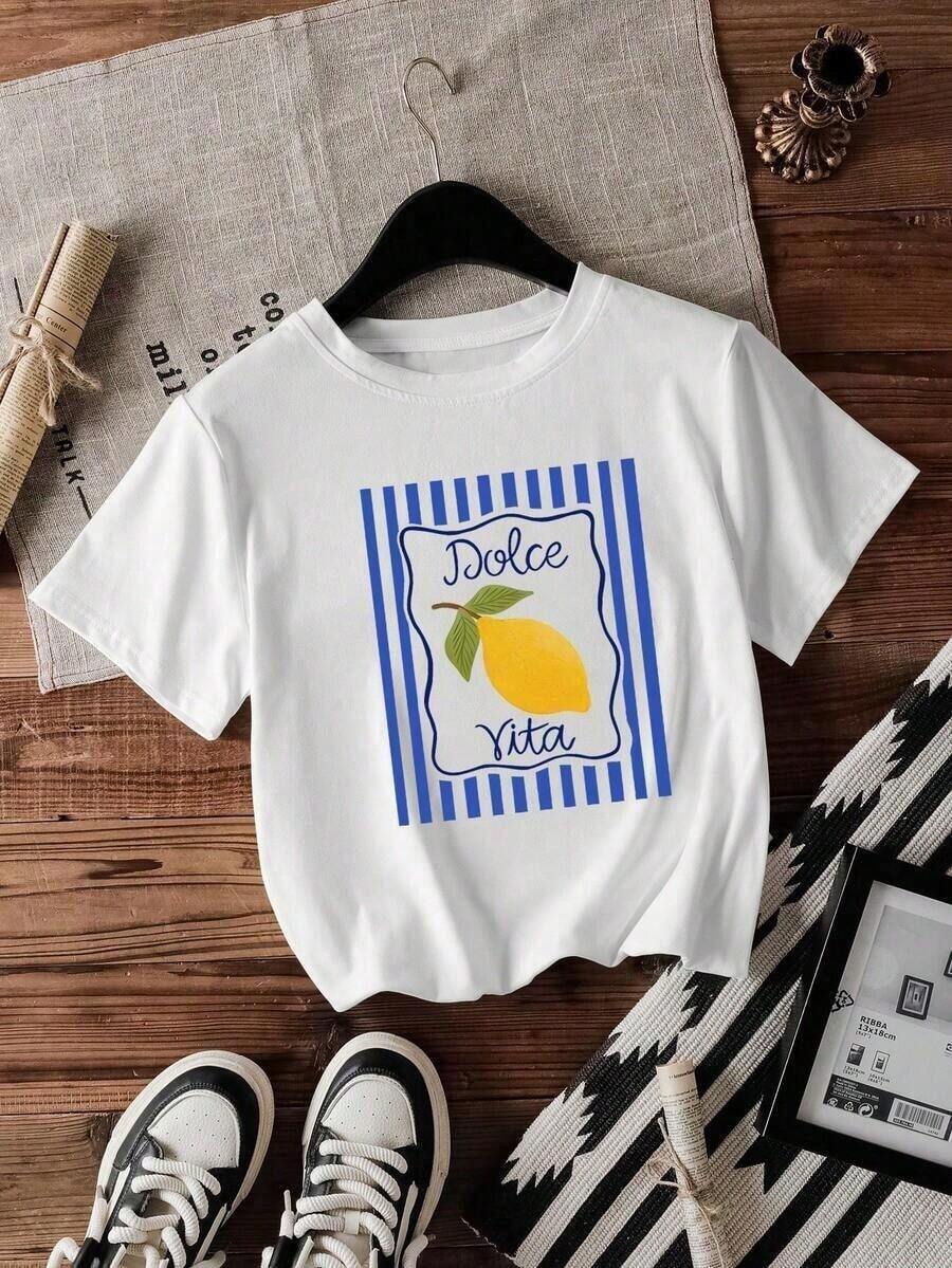 100% Pure Cotton, Summer Clothes 2026, Women's Top, Elegant Millennium Clothing For Women, Round Neck T-Shirt With Cherry And Slogan Print, Summer Top, Best Selling Spring Outfit For Women, Summer Beach Shirt For Women - 白色 3 - 查看 1