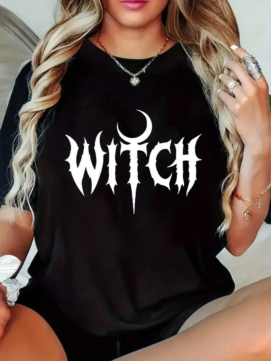 Oversized Halloween T-Shirt, 1 Piece Y2K Gothic T-Shirt With Witch Print For Women - Crescent Moon, Casual Black Top For Halloween And Spring/Summer - Limited Stock, Ideal Gift, Gothic Style Halloween Top, Casual Fabric - 黑色 - 查看 1