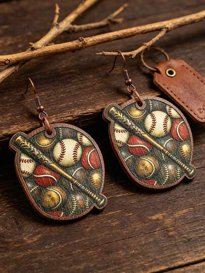 1 Pair Sports-Inspired Ball Print Wooden Earrings, Funny Baseball, Football, Soccer, Basketball Pattern Unique Earrings