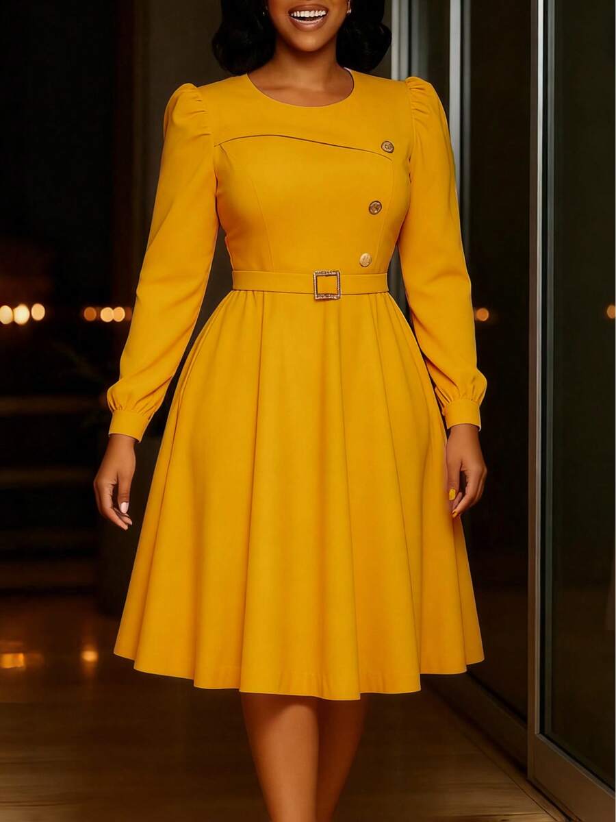 Vestido elegante de fiesta de color liso, estilo europeo-americano nuevo, cuello redondo, manga larga, cintura alta y corte en línea A - Amarillo + Cinturón - Ver 1