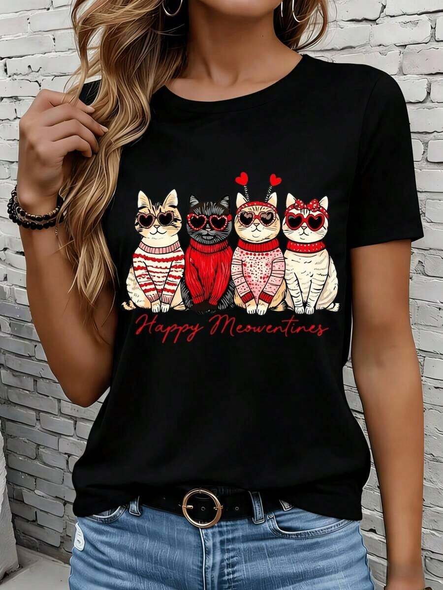 Women's Short-Sleeved T-Shirts In Black And White Are Suitable For Everyday Wear, Lounging At Home, And Outdoor Activities. This Valentine's Day T-Shirt Features A Fun Animal Print And Is A Great Gift For Cat Lovers And Party Favors. - 黑色 - 查看 1