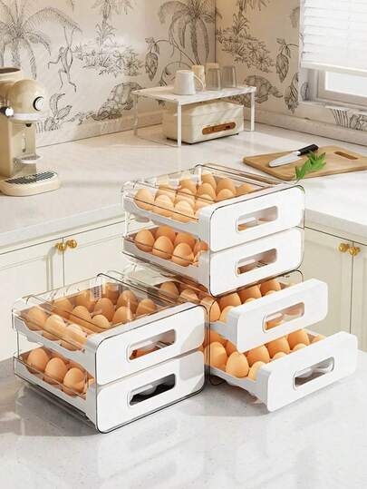 Aeomjk Organizador de huevos para refrigerador con capacidad para 32 huevos - Cajón de plástico transparente, diseño ahorra espacio, mantiene la frescura, almacenamiento compacto de cocina, plástico duradero, artículo de cocina esencial, organizador elegante, estructura resistente