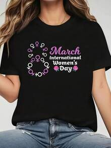 Plus Size T-Shirt With International Women's Day Themed Print, Surrounded By Feminine Symbols In Purple And White, Black Short-Sleeved Round Neck T-Shirt With Print - Machine Washable, Suitable For Spring, Summer And Autumn. - 黑色 - 查看 5