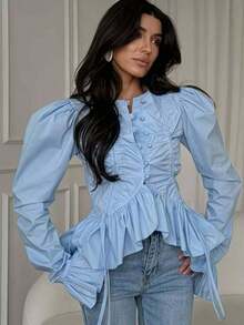 Camisa para mujer 2026 verano nuevo, moderna con botones, volantes, estilo suave y elegante - azul cielo - Ver 4