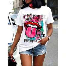 Camiseta Vintage para Mujer, Casual, Minimalista, con Estampado de Labios Sexy, Cuello Redondo, Manga Corta, Mezcla de Algodón, Ideal para un Atuendo Casual de Verano - Blanco - Ver 1