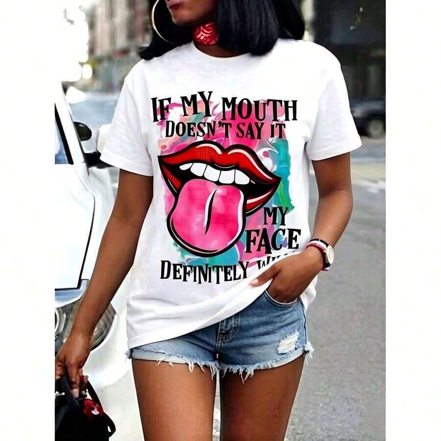 Camiseta Vintage para Mujer, Casual, Minimalista, con Estampado de Labios Sexy, Cuello Redondo, Manga Corta, Mezcla de Algodón, Ideal para un Atuendo Casual de Verano - Blanco - Ver 1