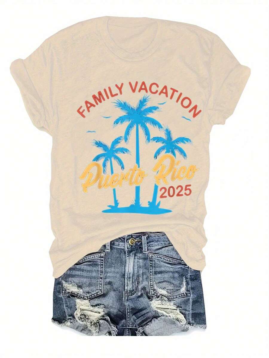 Camiseta Gráfica de Talla Grande para Mujer con Diseño de Puerto Rico - Top Casual de Manga Corta con Cuello Redondo y Diseño de Palmera, Rosa Brillante, Perfecta para Primavera y Verano, Ropa Casual de Primavera| Diseño de Vacaciones Familiares| Camiseta con Estampado Vibrante, Camiseta de Puerto Rico - Albaricoque - Ver 1