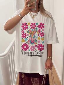 Women's Summer Fashion Short Sleeve T-Shirt, Casual Outdoor Fashion T-Shirt 'Flowers And Rabbits' Print, Relaxed Pattern Casual Women's T-Shirt - 白色 - 查看 2