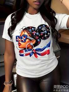 1 Piece Vintage Short Sleeve T-Shirt With Dominican Republic Portrait Print, Soft Fabric, Round Neck, Breathable, Casual Outfit, 180g, 100% Cotton. - 白色 - 查看 6