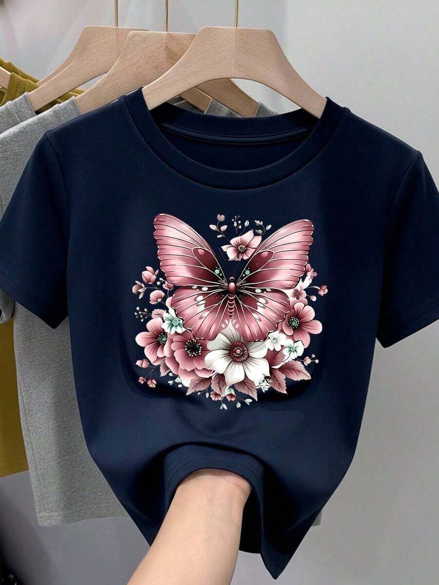 blusas elegantes dama, blusas para mujer,playeras de mujerCamiseta para mujer de 100% algodón, suave y cómoda de manga corta y cuello redondo con estampado de mariposa con flores rosas ideal para toda ocasión Festividades Febrero Primavera VeranoPure Cotton Short-Sleeve Shirt - Azul marino - Ver 1