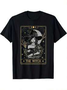 Camiseta Vintage de Tarot para Mujer y Hombre - Bruja Gótica con Escoba, Luna Creciente y Familiar Gato Negro - Camiseta de Manga Corta con Cuello Redondo, Corte Holgado, Mezcla de Algodón Suave - Top con Gráficos de Brujas para Halloween, Atuendos de Bruja y Ropa Casual - Ropa para Fiesta de Tarot - Diseño Místico 'LA BRUJA' con Estrellas Celestiales - Estilo Vintage Encantador para la Temporada de Halloween y Salidas Informales - Lavable a Máquina - Blanco - Ver 6
