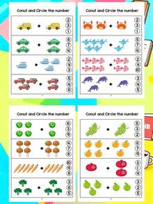 64頁兒童數學計數練習本，幼兒園數學活動書，包含海洋/動物/水果主題，蒙特梭利教育學習用品，幼兒園學習教材，開學禮物 - 彩色 - 查看 8