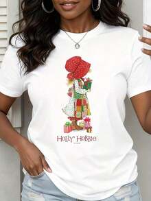 1 Piece Holly Hobbie Women's T-Shirt With Christmas Character Print, Holiday Gift Design, Casual Wear For The Festive Season, 180g, 100% Cotton. - 白色 - 查看 8