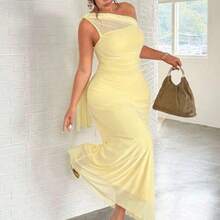 Plus Size Women's Elegant Romantic Fashion Commuter Sexy Elegant Style Asymmetrical Shoulder Bodycon Maxi Dress, Suitable For Party, Beach Vacation, Back To School, Romantic Date, Wedding Season, Birthday, Easter, Spring/Summer Dress - Amarillo - Ver 1
