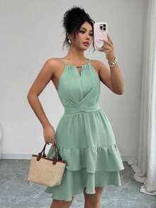 Vestido mini ajustado y acampanado sin mangas, elegante, de color caqui, con lazo de cuentas para mujer, para primavera/verano - Verde - Ver 6