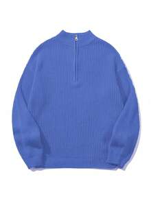 Women's Simple Ribbed Solid Color Casual Korean Textured Commute Loose Versatile Stand Collar Zipper Half-Placket Pullover Long Sleeve Sweater, Spring/Autumn/Winter - Blue - View 6
