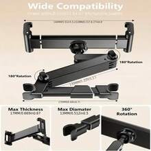 Car Headrest Tablet Holder, Backseat Tablet/Phone Mount Bracket, Fits 5.5-11 Inch Devices Compatible With IPad Pro 17 Air 16 14 13 12 Pro Max Plus, Galaxy Tab, Kindle Fire HD, 3 In 1 Extension Arm Adjustable 360° Rotation Backseat Holder, Travel Essential - A - View 11