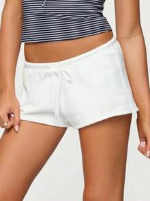 Women's Summer Drawstring Shorts Solid Color Low Waist Casual Breathable Short Pants - White - View 2