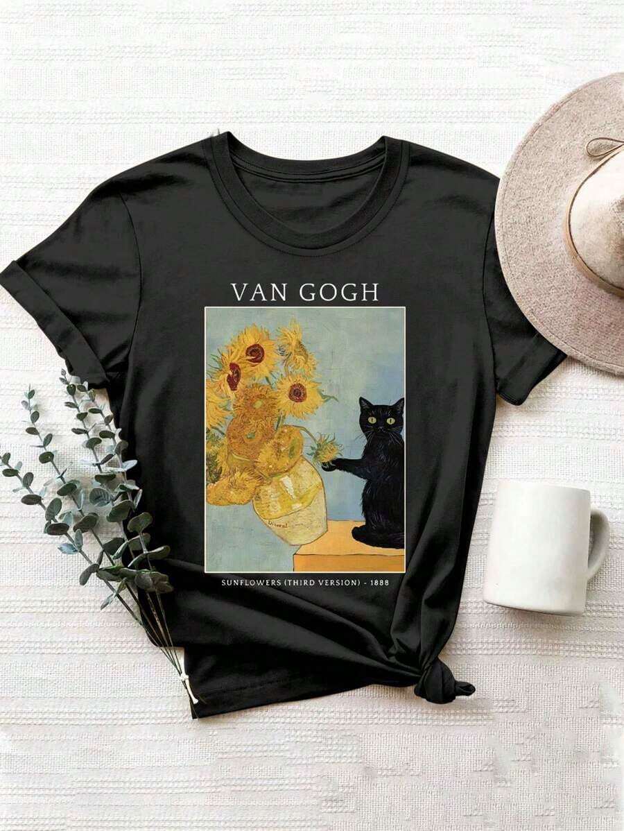 Camisetas manga corta mujer Camiseta casual 100% algodón para mujer, de manga corta y cuello redondo con divertido estampado de girasoles de Van Gogh y gato negro, top negro suave, transpirable y de corte holgado, estética artística, ropa gráfica diaria para damas. - Negro - Ver 1