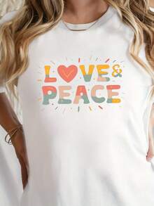 Women's Casual Summer T-Shirt, Love & Peace Print Round Neck T-Shirt, Short Sleeve Casual Top For Spring/Summer, Stylish And Fashionable Women's T-Shirt - 白色 - 查看 7