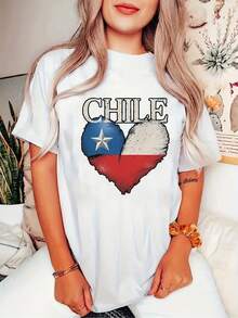 OversizeCamiseta Casual para Mujer con Diseño de Corazón y Bandera de Chile - Suave, elástica, de cuello redondo, manga corta, lavable a máquina, cómoda para todas las estaciones, adecuada para uso diario y conjuntos de vacaciones, tela no transparente, linda. - Blanco - Ver 1