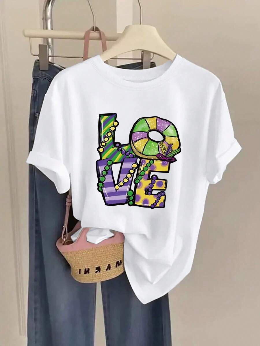 Camiseta de manga corta con estampado de amor de Mardi Gras| Camiseta Casual de Cuello Redondo para Mujer, Primavera-Verano, Moderna y Transpirable, Estilo Y2k - Negro - Ver 1