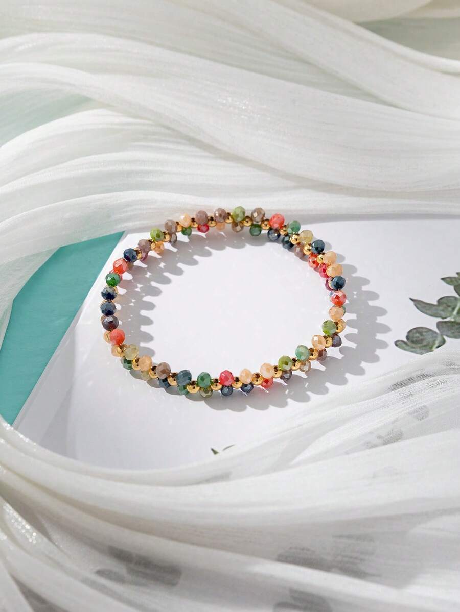 1pc Women's Fashion Minimalist Crystal Elastic Bracelet, Versatile & Suitable For Vacation Wear - Multicolor - View 1