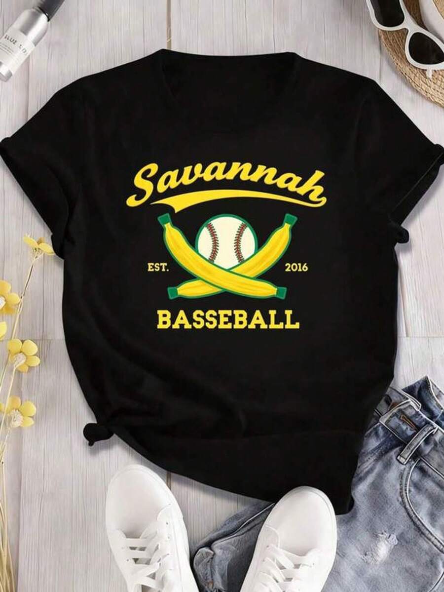 Camiseta casual de 100% aodón uni, diseño de béisbol de plátano de Savannah establecido en 2016 | Cómoda, transpirable, absorbente del sudor, frescara eerano, cuello redondo, uste regular, sudor - Negro con estampado divertido Camisetas de cuello redondo de manga cortara hombres y mujeres, adecus para: eventos deportivos/fiestas de vacaciones/salidas/deportes y otros regalos de vacaciones