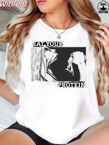 1 pieza de camiseta de algodón 100% para mujer de Witllent, con estampado de "Eat Your Protein", diseño de anime, gimnasio, pump, culturismo, fitness, camiseta de algodón grueso para mujer de Navidad (1 pieza). 180g 100% algodón, todos los diseños están impresos. Unisexo. - Blanco - Ver 12
