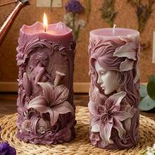 3D百合花与美人肖像硅胶蜡烛模具，精致花藤细节，可重复使用，脱模顺滑，适用于DIY香薰蜡烛、树脂工艺品、石膏等，优雅设计，是节日礼物和家居装饰的理想之选。 - 白色 - 查看 1